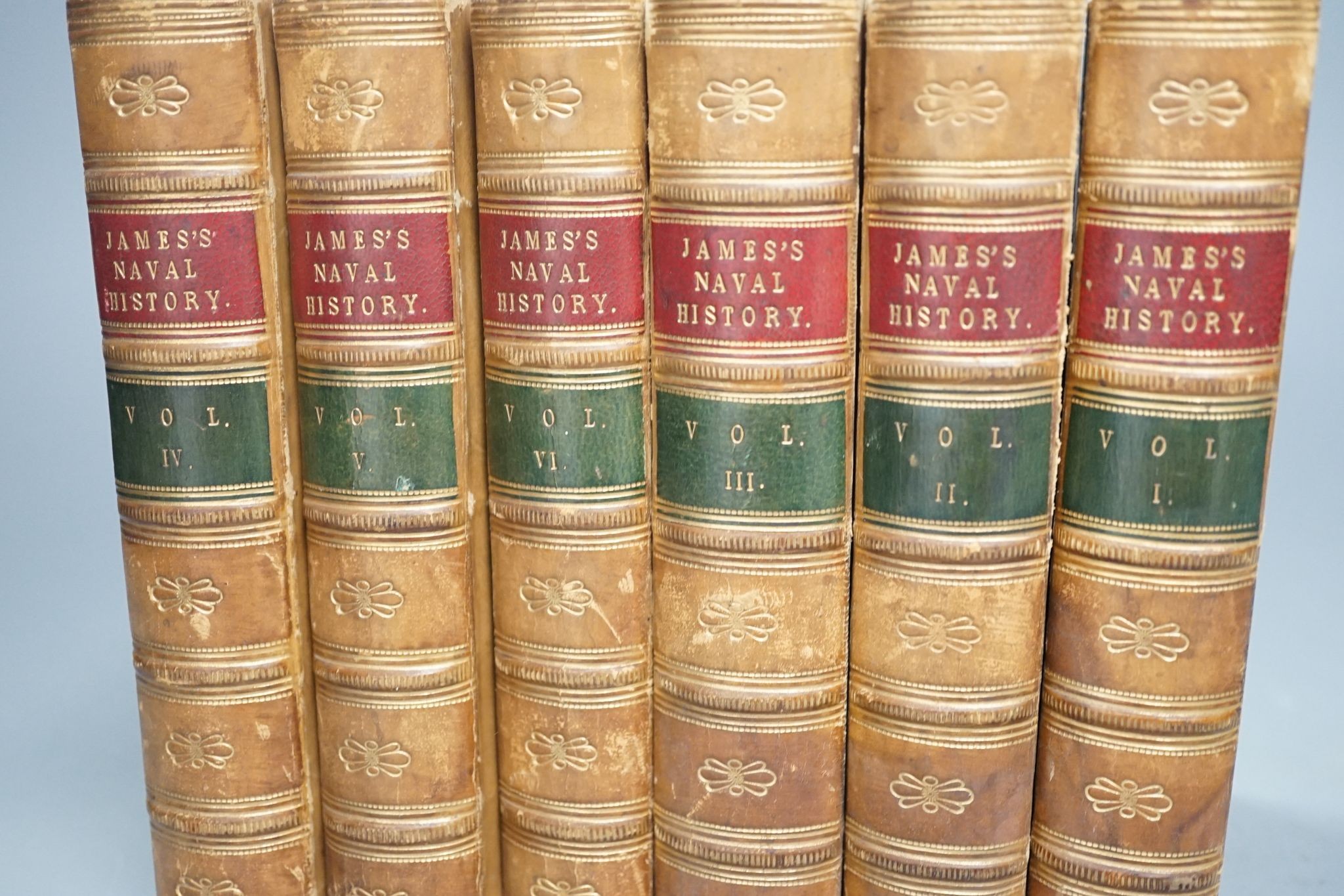 James, William - The Naval History of Great Britain ... new edition, with additions and notes, 6 vols. portrait frontispieces, 27 folded tables, text diagrams, contemp. half calf and marbled